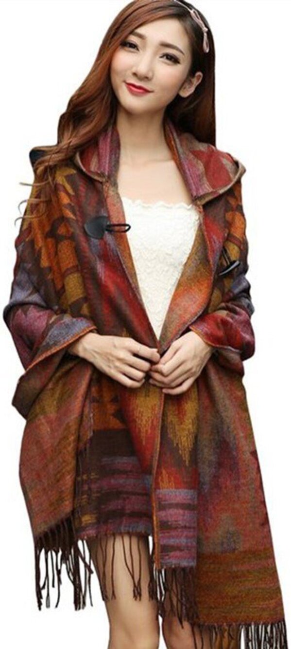 4211 Hoodie Poncho Bohemian Blanket, Hooded Shawl Cape Cloak Scarf Tassel